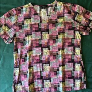 Colorful Geometric Patterned Scrub Top.